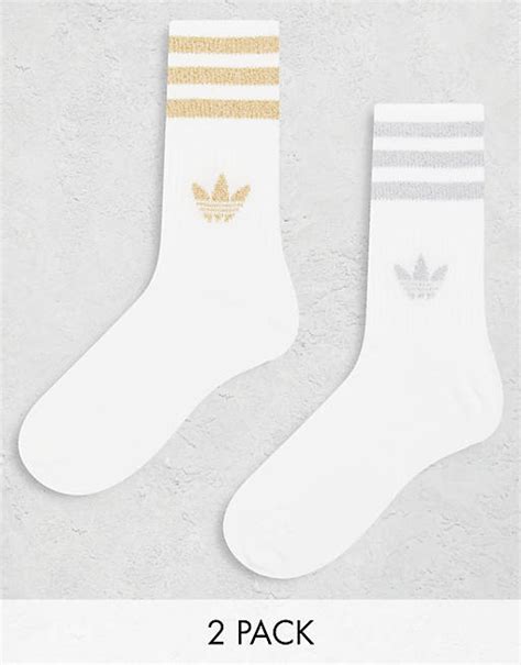 adidas Originals 2 pack glitter mid cut socks in white/silver 